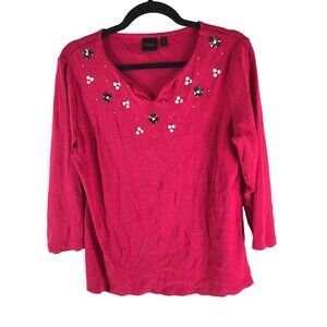 Rafaella Womens Embellished Pink Top 100% Cotton 3/4 Sleeve V-Neck Size L